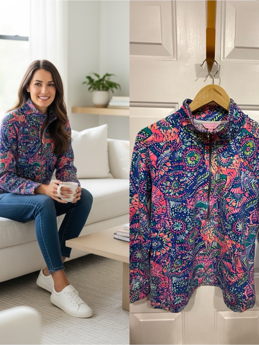 Lilly Pulitzer Skipper Popover Women’s M Blue Pink Animal Paisley Half Zip